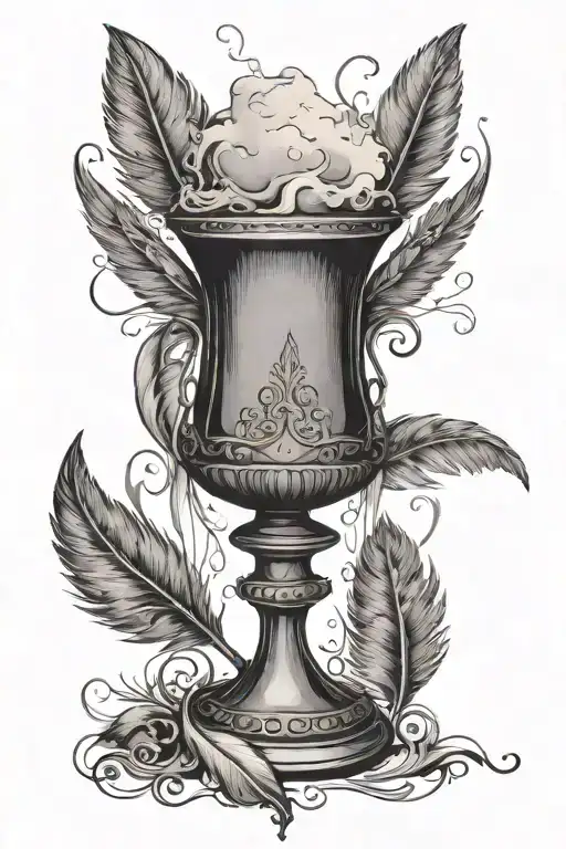 chalice with ink one feather quill scrawling I am immortal onto it God's stamped on  tattoo design idea