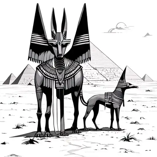 Anubis and Ra against the backdrop of the desert and pyramids tattoo design idea