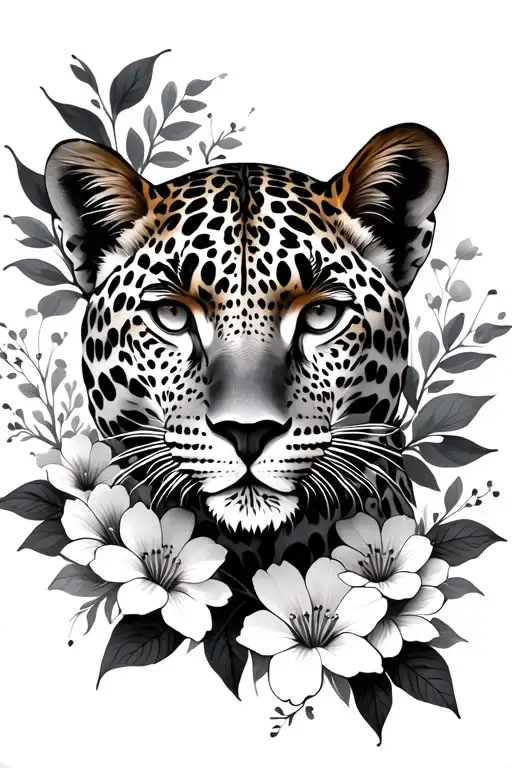leopard and flowers tattoo design idea