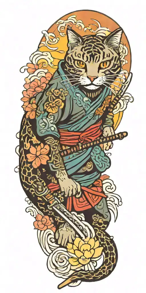 ninja cat holding katana, tail, water, waves, lotus, sakura, clouds, whirlpool, leaves, peony, sea, sunrise tattoo design idea