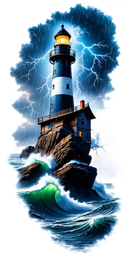 lighthouse on rocks with crashing waves  in a rainstorm and lightning strikes  tattoo design idea