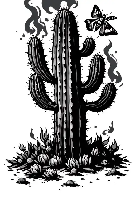 cactus on fire with moth emerging tattoo design idea