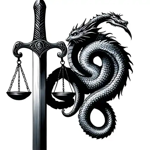 Libra scales hung from sword handle, serpent dragon wrapping around sword tattoo design idea