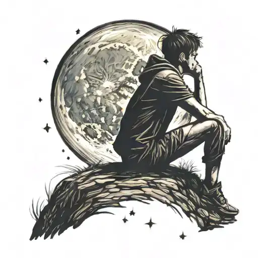 Silhouette of a lonely boy watching the full moon in the starry sky tattoo design idea