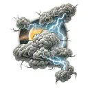 A swirling storm cloud with lightning bolts and stars intertwined, symbolizing the power of nature and the mysteries of the universe tattoo design idea