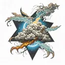A swirling storm cloud with lightning bolts and stars intertwined, symbolizing the power of nature and the mysteries of the universe tattoo design idea