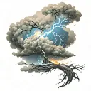 A swirling storm cloud with lightning bolts and stars intertwined, symbolizing the power of nature and the mysteries of the universe tattoo design idea