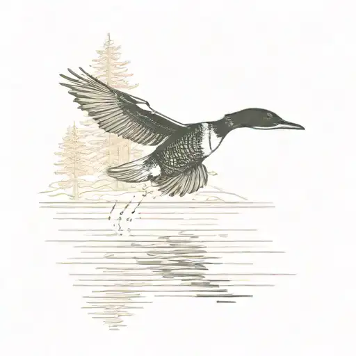 Simple image of a common loon taking off from a lake in front of a pine tree tattoo design idea