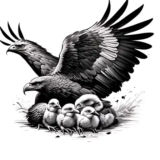 An eagle hiding its chicks under its wings, realistic tattoo design idea