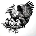 An eagle hiding its chicks under its wings, realistic tattoo design idea