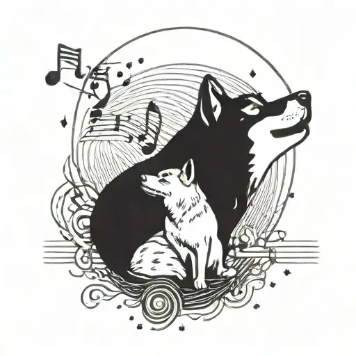 A Shiba inu howling at the moon, surrounded by musical notes and symbols from different genres of music tattoo design idea