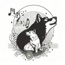 A Shiba inu howling at the moon, surrounded by musical notes and symbols from different genres of music tattoo design idea
