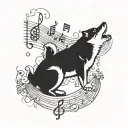 A Shiba inu howling at the moon, surrounded by musical notes and symbols from different genres of music tattoo design idea