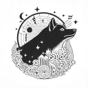 A Shiba inu howling at the moon, surrounded by musical notes and symbols from different genres of music tattoo design idea