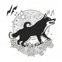 A Shiba inu howling at the moon, surrounded by musical notes and symbols from different genres of music tattoo design idea