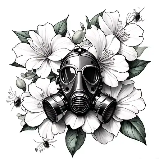 oleander, bougainvillea,  jasmine, chamomile flower, gardenia, olive, gas mask, ladybug, cicada tattoo design idea