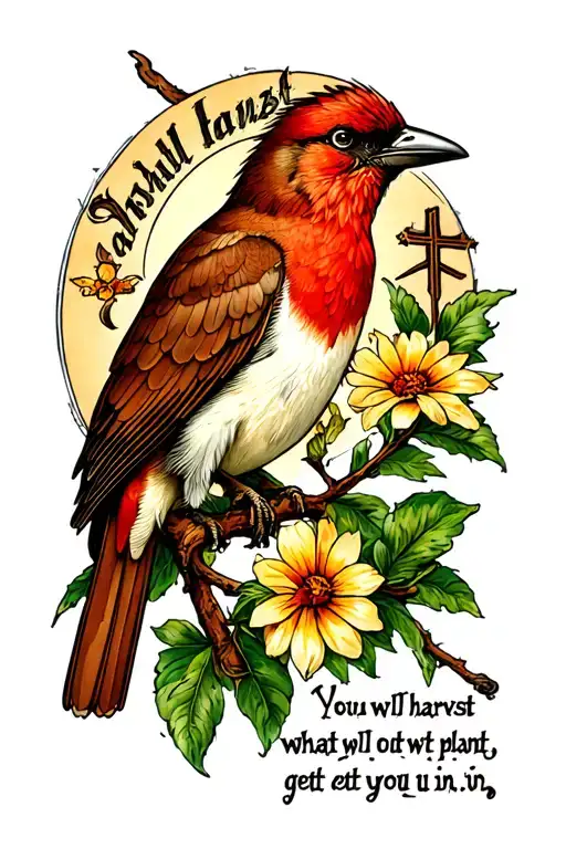 You will harvest what you plant. You will get out what you put in. (Galatians 6:6-8) Birds, haze, god, cross, tattoo design idea
