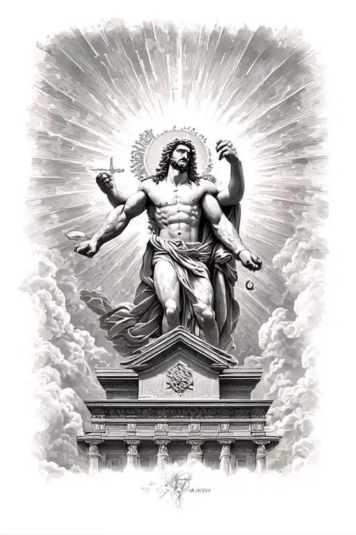 Zeus God launching rays on top of a temple tattoo design idea