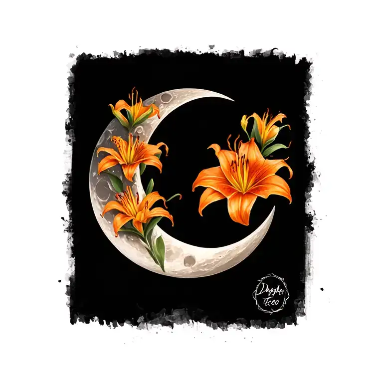 crescent moon with orange daylily's  tattoo design idea