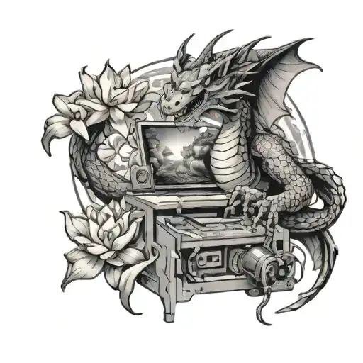 A mechanic fixing a video game console with a dragon design, surrounded by lotus flowers and mountains in the background tattoo design idea