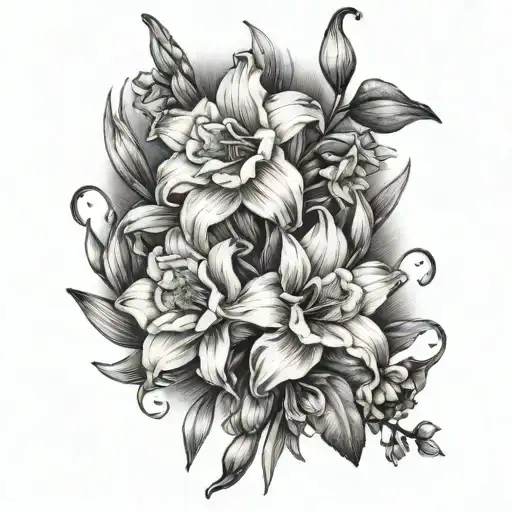 gladiolus larkspur and narcissus bouquet tied tattoo design idea