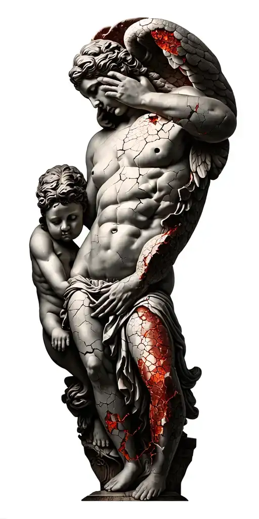 Cracked Titan Atlas and 3 cracked cupid statues themed "see no evil, hear no evil, speak no evil" tattoo design idea