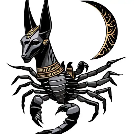 Egyptian God Anubis with scorpion background and crescent moon above.  tattoo design idea