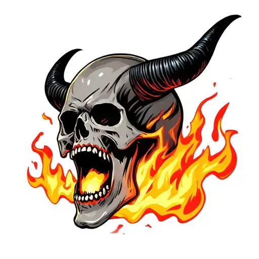 screaming skull with fire, pentagon and horns, facing front tattoo design idea