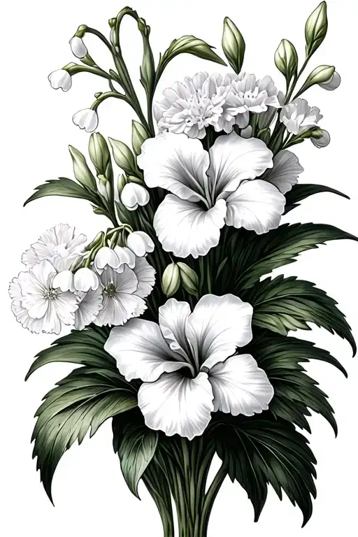 A bouquet of 2 Lilly of the valley flowers 1 hawthorn flower 1 carnations 1 snowdrop 1 gladiolus 1 morning glories 1 cos tattoo design idea
