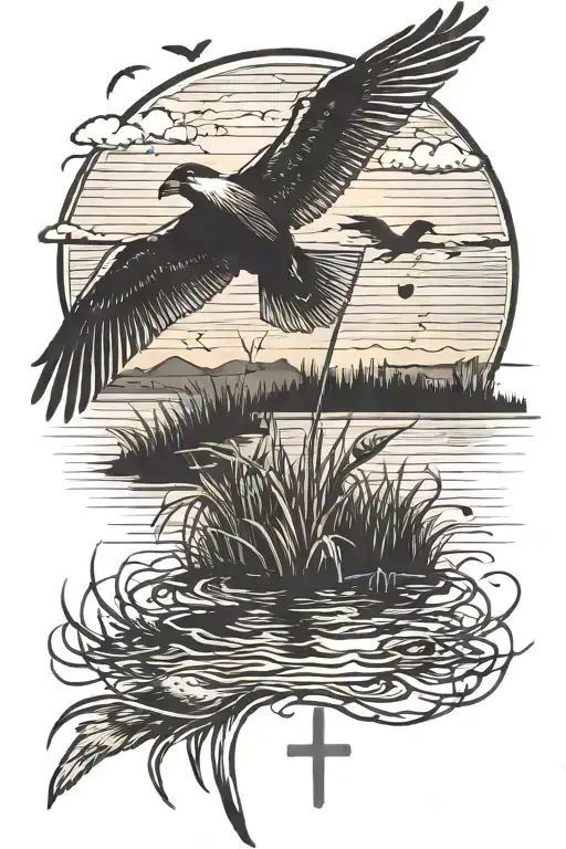 cross with verse Isaiah 41:10 mixed with fly fishing and ducks flying in the sunset on a marsh  tattoo design idea