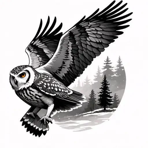 Can you draw me a realistic owl tattoo flying towards me with wings spread wide during the night with trees forest and m tattoo design idea