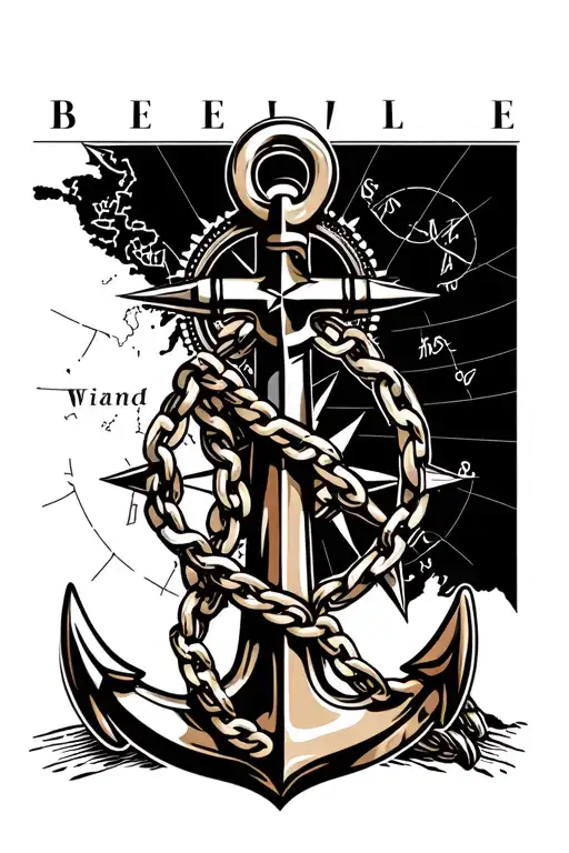 anchor with Chain wrapping forearm with a detailed compass and a map background tattoo design idea