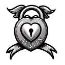 the name Justin with a heart lock design tattoo design idea