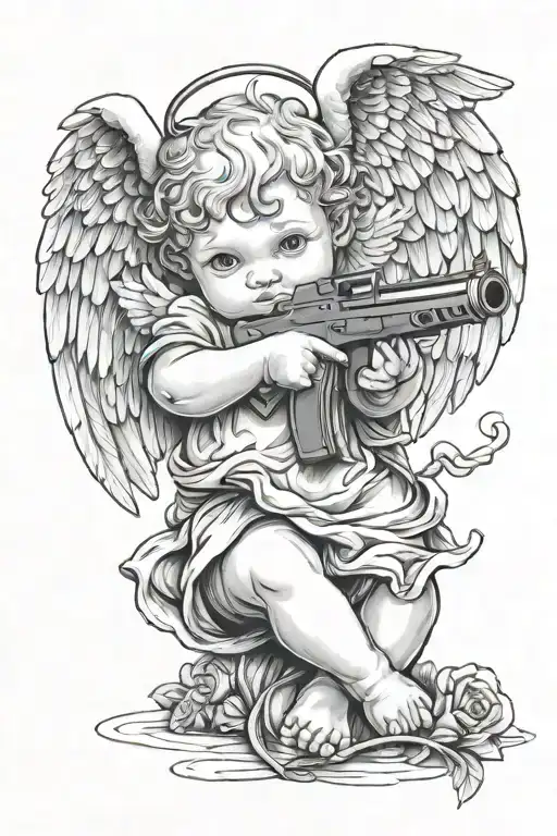 baby angel holding gun wrapped tattoo design idea