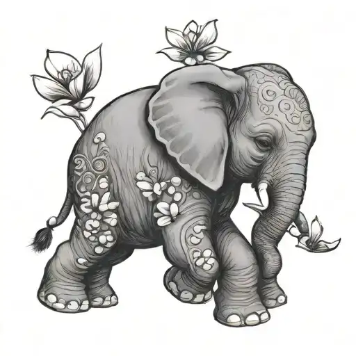 happy Baby elephant holding a twinflower. A 3 year old girl sits on the elephants back. tattoo design idea