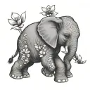 happy Baby elephant holding a twinflower. A 3 year old girl sits on the elephants back. tattoo design idea