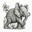 happy Baby elephant holding a twinflower. A 3 year old girl sits on the elephants back. tattoo design idea