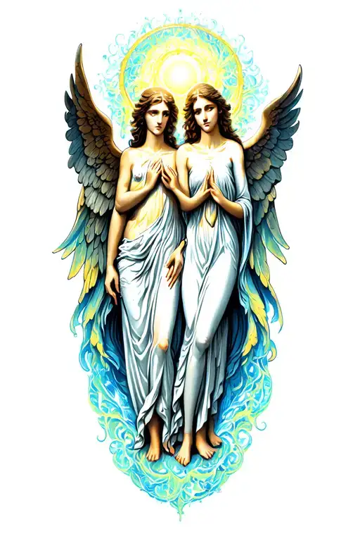 Outer Bicep (Main Focal): Two Alex Grey–style angelic beings, glowing and semi-transparent, with fractal halos. Between tattoo design idea