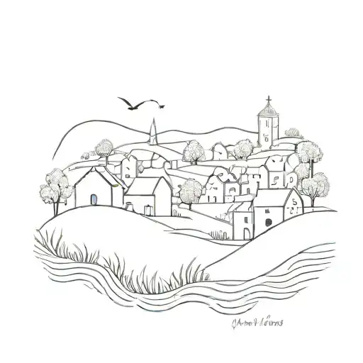 A representation of a peaceful village with a gentle breeze and a horizon laying on the ground, inspired by the lyrics of 'Vilarejo' by Marisa Monte tattoo design idea