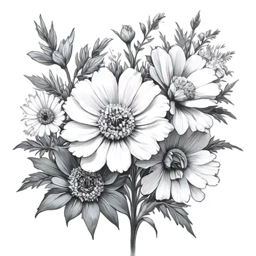 snapdragon flower, cosmos flower, aster flower, narcissus flower, ranunculus flower tattoo design idea