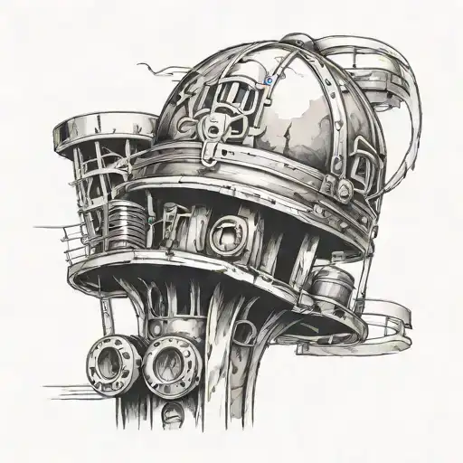 an old water tower as a main piece and 2 wedding bands that have been ripped apart and an old new york fire helmet tattoo design idea