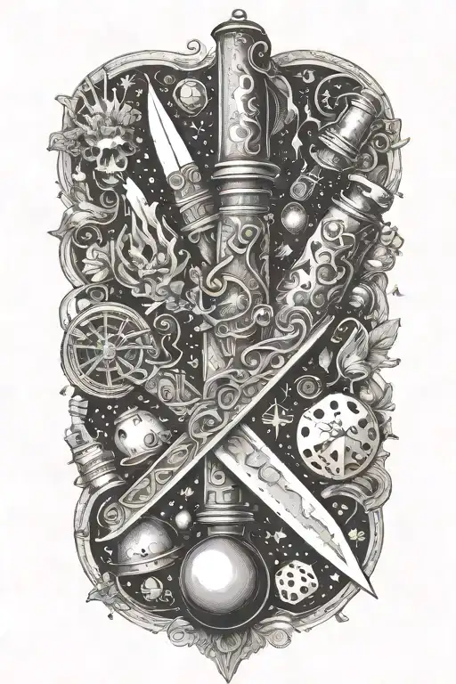 An intricate dotwork tattoo of a cook's knife morphing into a magical wand, with DnD dice and potion bottles scattered around tattoo design idea