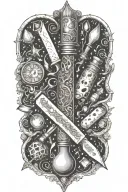 An intricate dotwork tattoo of a cook's knife morphing into a magical wand, with DnD dice and potion bottles scattered around tattoo design idea