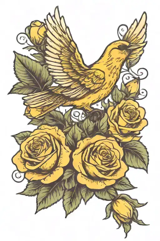 flying canary with roses blooming tattoo design idea