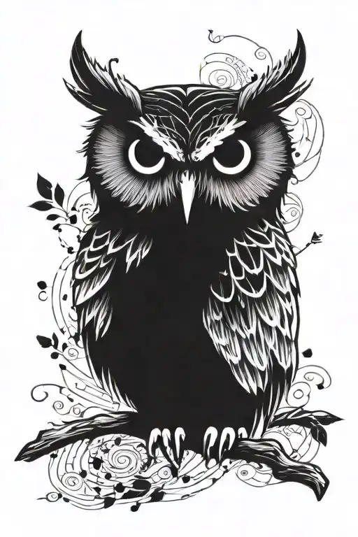 black and white owl with a serious expression with multiple different language scripts forming the feathers around the o tattoo design idea