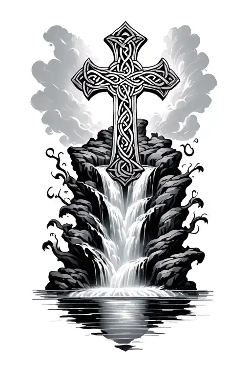 Celtic cross and flowing waterfall tattoo design idea