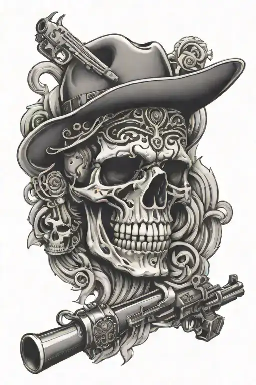 Chicano style tattoo featuring 777 going vertical with a skull, gun and smoke  tattoo design idea