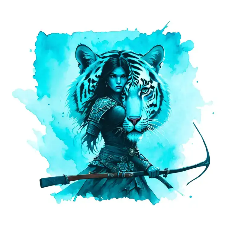 female warrior with a bow and half a tiger face in the background tattoo design idea