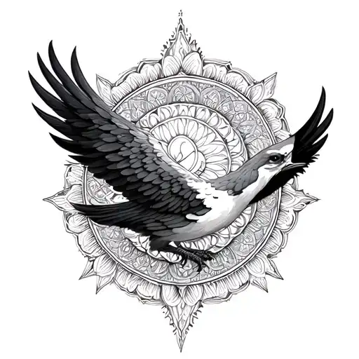 Upper part (under the neck): Winged bird with mandala: symbolizes ascension, spiritual freedom and awakening. tattoo design idea