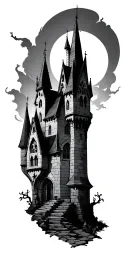 gothic castle, graveyard, script writing tattoo design idea